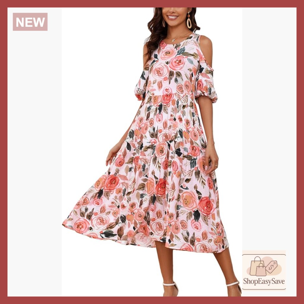 Boho Floral Cold Shoulder Maxi Dress Loose Fit Tiered Flowy Summer Casual